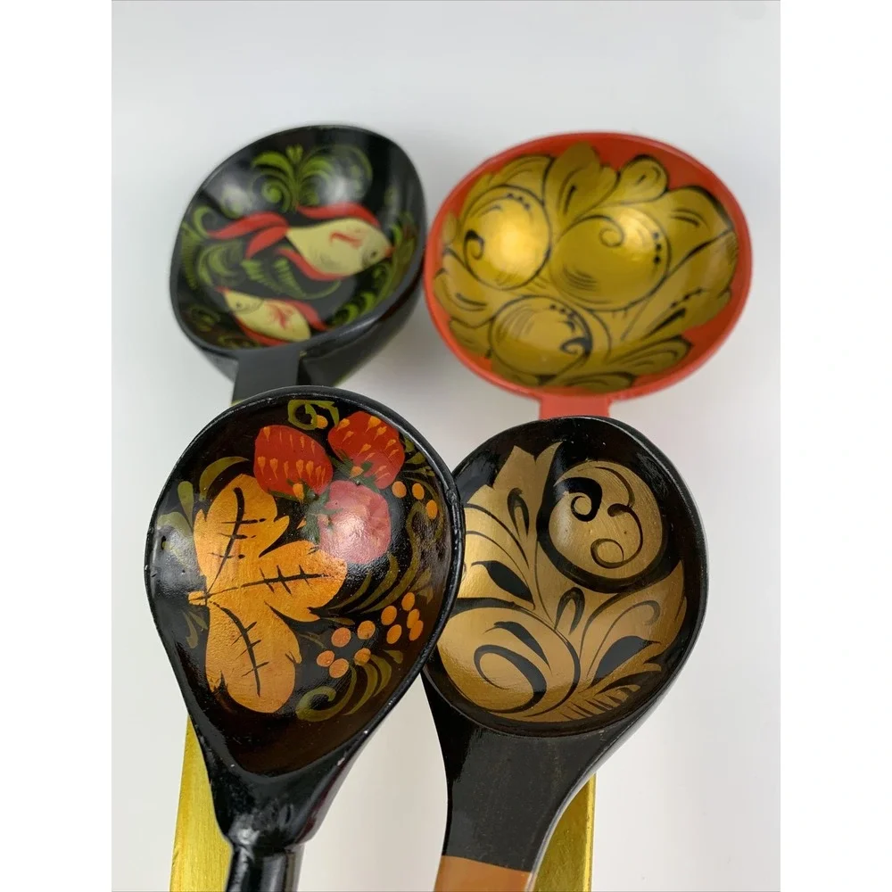 Set of 4 Vintage Khokhloma Painted Wooden Spoons Ladles Decorative Kitchenware